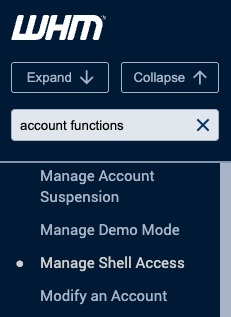 whm menu showing how to find the Manage Shell Access link