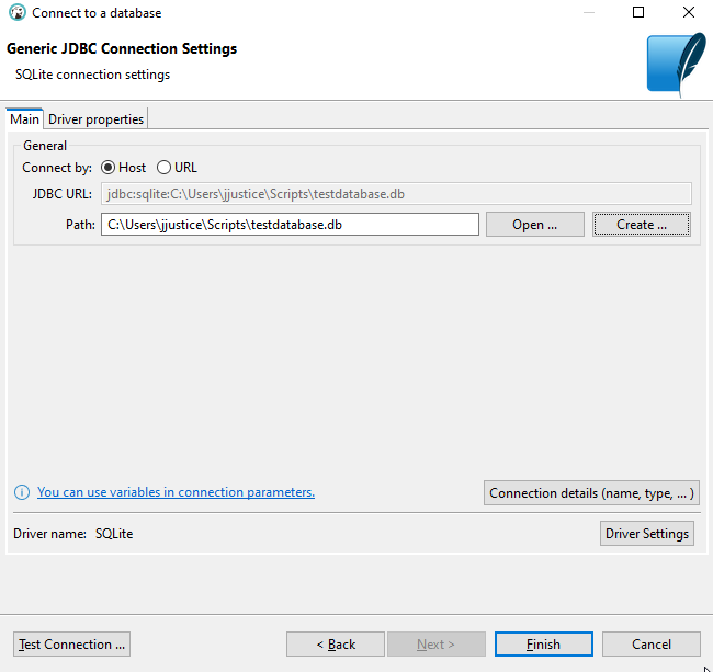 DBeaver tutorial for PostgreSQL, SQLite, MySQL, and MariaDB — if your database type is SQLite, select your SQLite file by creating one or using the open option to select one manually. Subsequently, test the connection, and if successful, click Finish.