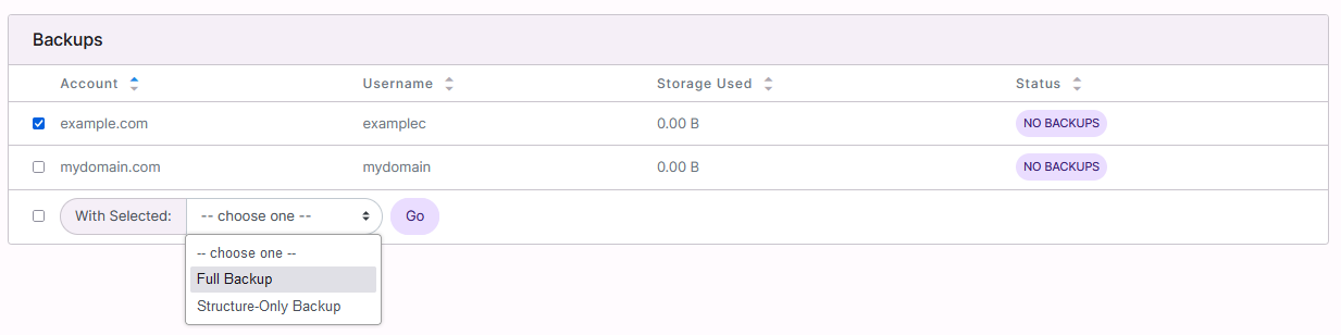 backup options dropdown