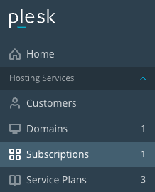 Plesk menu showing where the link to subscriptions can be found.