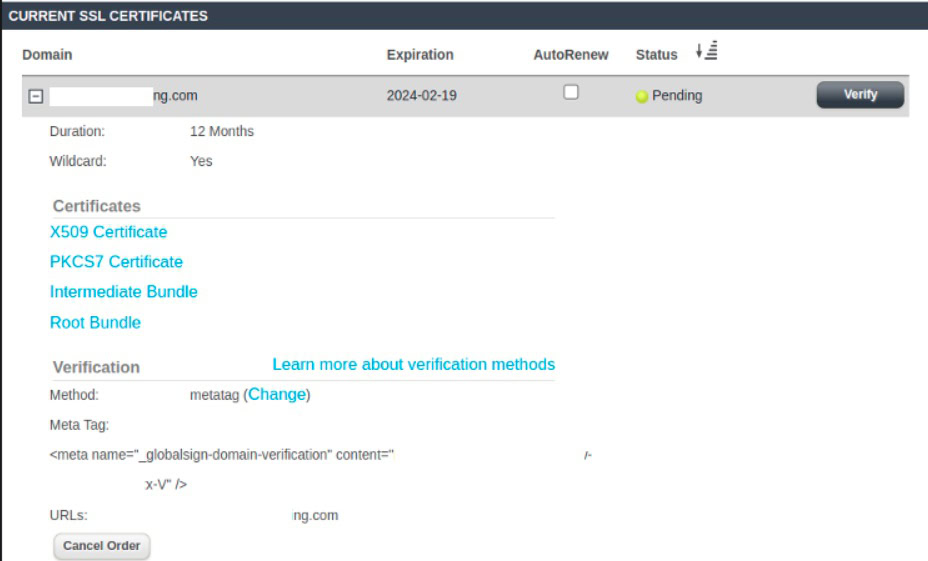 How to renew an SSL certificate (a paid SSL cert) — domain verification via the Meta Tag method and HTML code snippet.