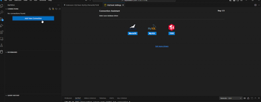 How to connect to MySQL using SQLTools in VSCode — once the extension is installed, click on the SQLTools icon in the sidebar. Click on the "+" (plus) icon to add a new connection or click the Add New Connection button. Choose MySQL (or MariaDB depending on your database) from the list of DBMS options.
