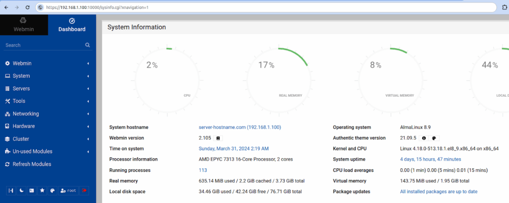 Type in your Liquid Web server’s username and password and click the Sign In button to log in. You will be redirected to the Webmin Dashboard.