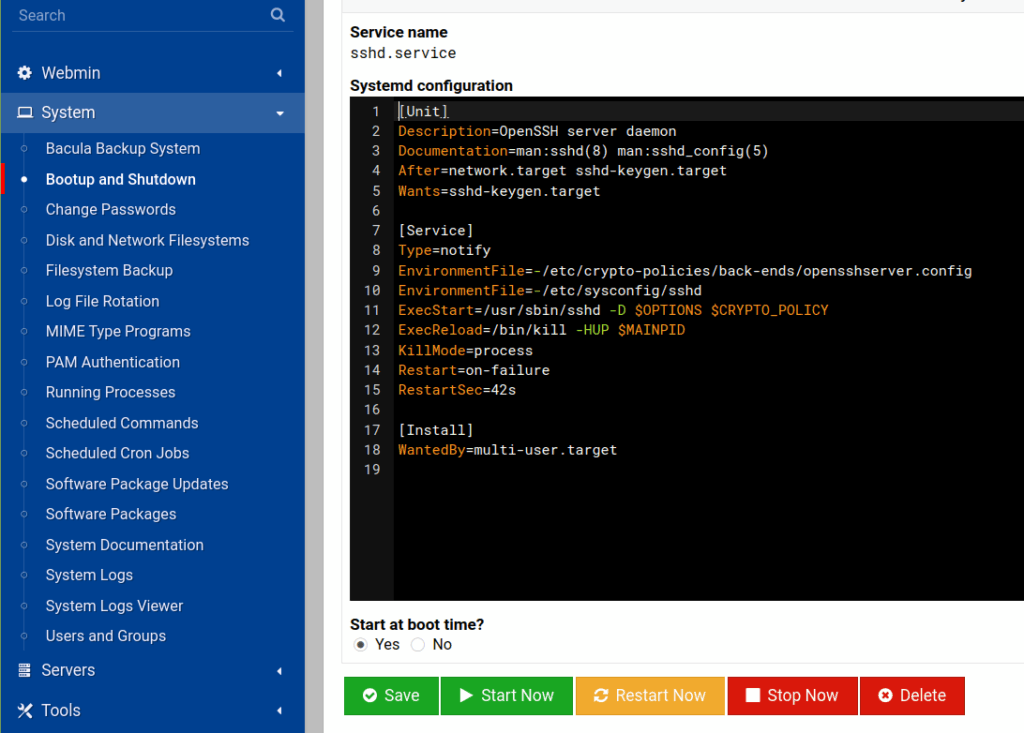 To manage services with regard to bootup and shutdown events, click the System option found in the left navigation bar. Next, click the System > Bootup and Shutdown  menu entry. On the screen to the right of the left navigation bar, you are able to manage services that start or stop automatically by selecting them from the list and clicking on the appropriate radio or regular buttons provided that include Start at Boot Time? Yes/No, Start Now, and Stop Now — among others.