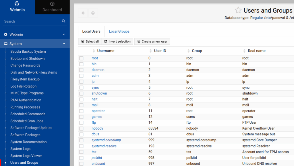 Users and groups can be managed from within the Webmin Dashboard in a straightforward manner. Select the System > Users and Groups item in the left navigation bar. When, the screen below appears, manage user accounts and groups by creating, editing, or deleting them as needed.