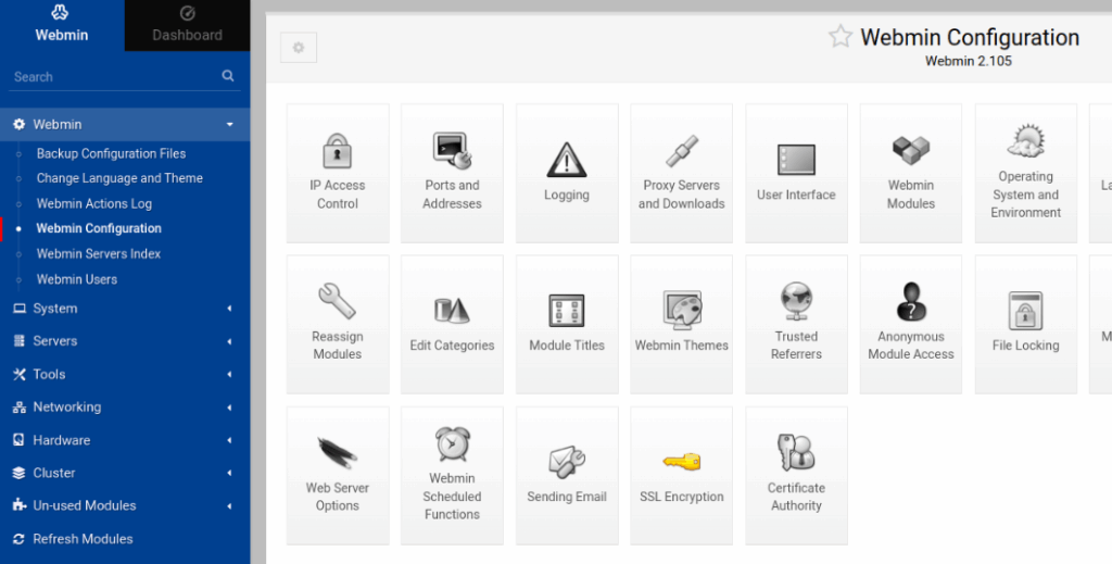Admins can set up SSL encryption from the Webadmin Dashboard. First, click the Webmin menu entry listed in the navigational panel on the left. Then, select the Webmin Configuration menu option followed be the SSL Encryption tile shown in the last row of tiles on the Webmin Configuration screen.