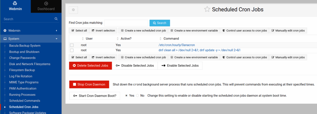All admins of Linux systems are expected to leverage cron jobs for various activities. These cron job are can be managed and scheduled from the Webmin Dashboard. Highlight the System menu entry in the panel on the left. Next, click System > Scheduled Cron Jobs within the navigational panel. Now you may manage scheduled tasks (cron jobs) that run at specified times or intervals by adding, editing, or deleting them as needed.