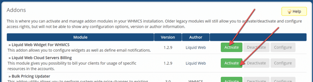 Activate 'Liquid Web Storm Servers Billing'&nbsp;and 'Liquid Web Widget for WHMCS'