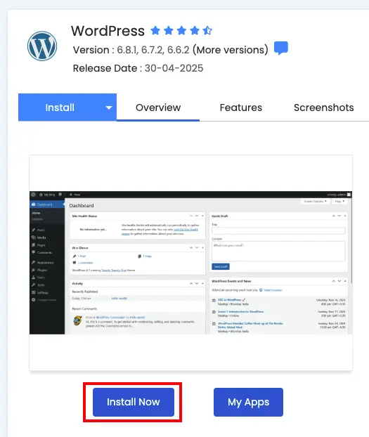 Install Now button highlighted for Word Press