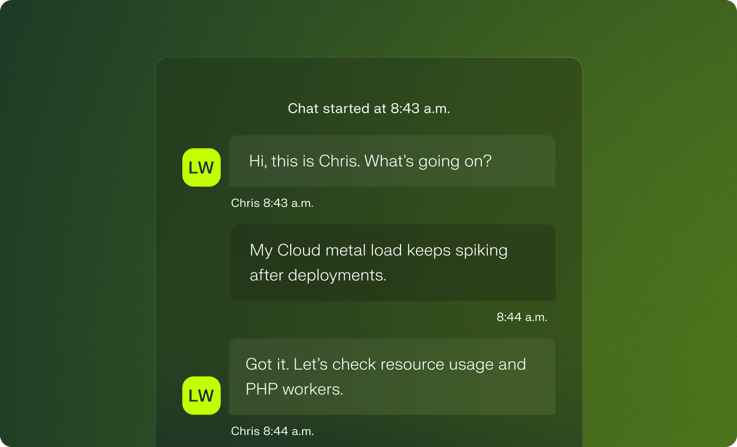 A chat window is displayed between Liquid Web and customer Chris, who needs help identifying why his cloud metal load keeps spiking after deployments, Liquid Web states they're checking resource usage and PHP workers.