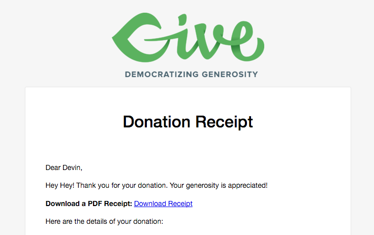 A Give Donation Receipt Email with PDF Receipt