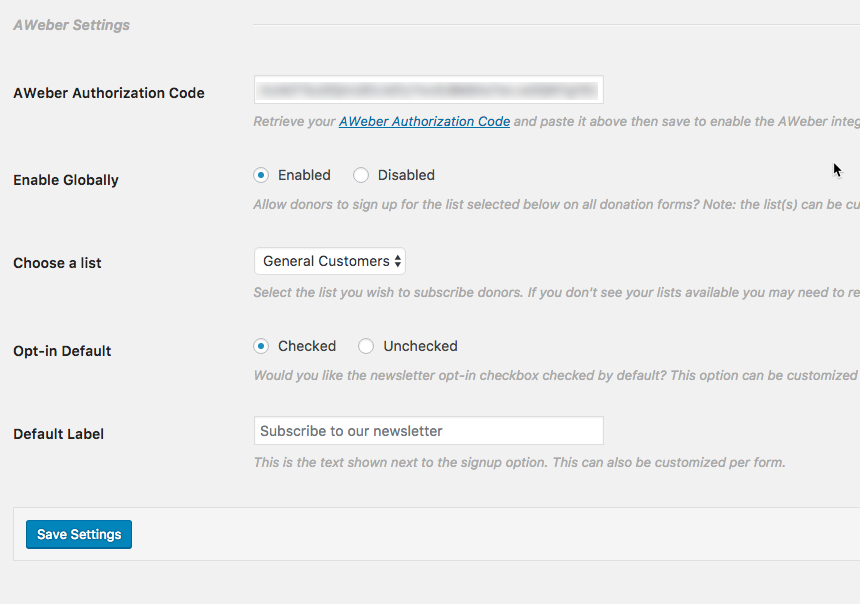 The Give AWeber Settings