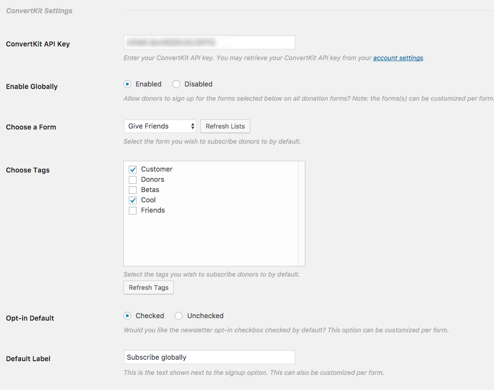 The ConvertKit Settings Page