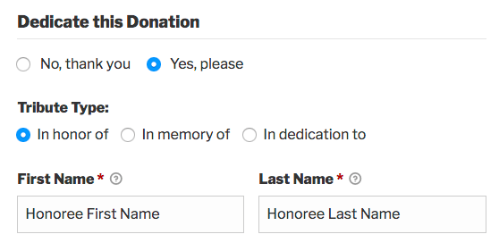 A donation form displaying tribute options