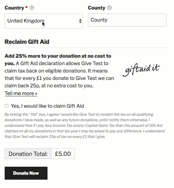 Gift Aid country conditional display