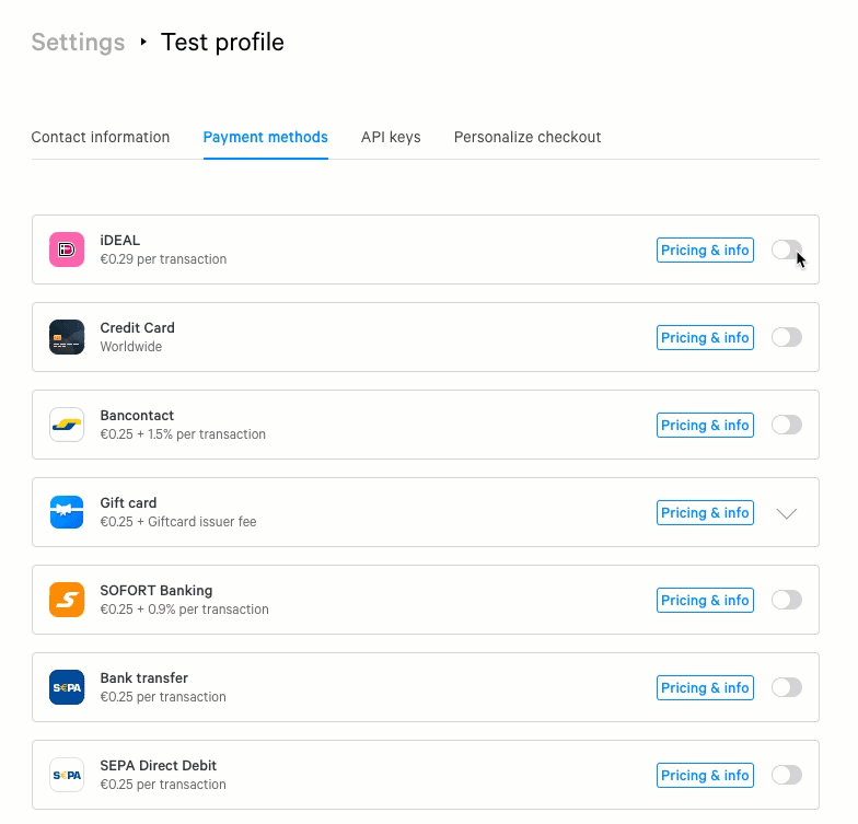 Quick enable and disable payment payment methods within Mollie.