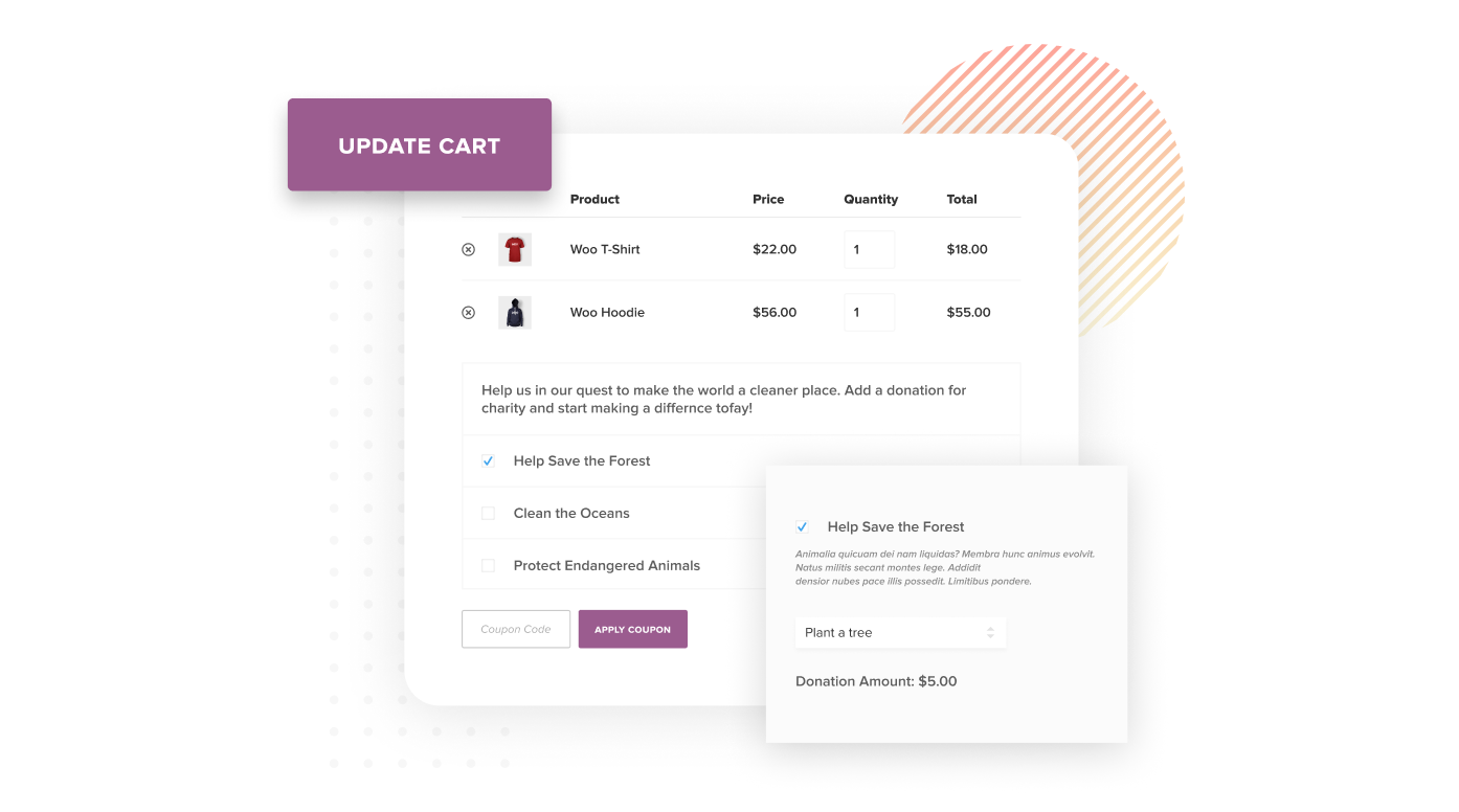 The Cart or Checkout Page with the Donation Section Enabled. The donation forms have checkboxes that expand when clicked and collapse to display the donation details. You can select more than one WooCommerce donation to give to as well.