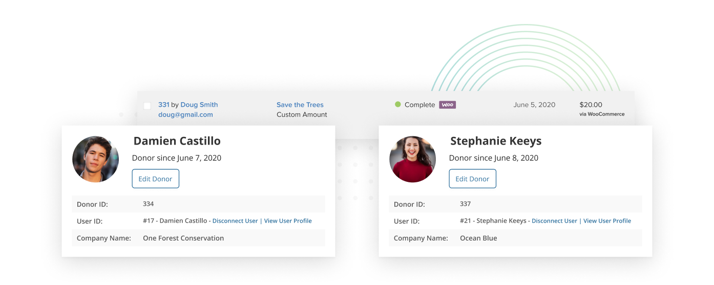 Donations made through WooCommerce are marked with a “Woo” badge in GiveWP’s donation list screen.